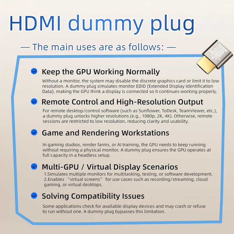 BKFK موصل HDMI وهمي 4K HDR، محول عرض بدون رأس، محاكي EDID لشاشة افتراضية، يدعم حتى 4K@60Hz، 2K@120/144Hz، 1080P@120/144/240Hz (جديد-4K-HDR(1920X1080@60HZ-1P) - Image 4